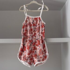 Girls' Pink Floral One-Piece Romper with White Trim